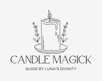 May include: A black and white line drawing of a candle with a flame on top, surrounded by two sprigs of greenery. The text "CANDLE MAGIC GUIDE BY LUNA'S DIVINITY" is below the candle.