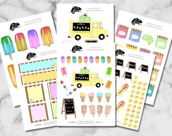 May include: A set of printable stickers featuring an ice cream truck, ice cream cones, popsicles, and other ice cream-themed designs. The stickers are perfect for planners, journals, and other craft projects.