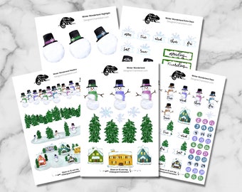 Könnte beinhalten: Ein Satz druckbarer Winterwunderland-Aufkleber mit Schneemännern, Bäumen, Häusern und Wochentagen. Die Aufkleber sind für die Verwendung in Planern, Tagebüchern und anderen kreativen Projekten gedacht.
