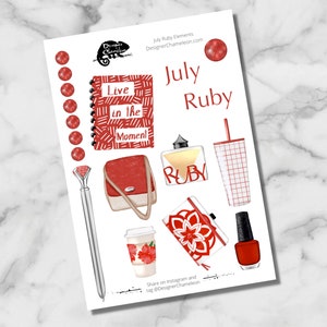 May include: A set of printable planner stickers with a July Ruby theme. The stickers feature a red notebook with the words "Live in the Moment", a red purse, a bottle of perfume with the word "Ruby", a red and white cup, a red and white nail polish bottle, and a red and white flower design.