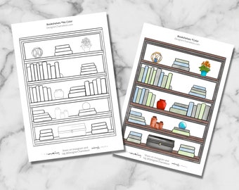 May include: Two illustrations of a bookshelf, one in black and white and the other in color. The colored bookshelf has a variety of books, plants, and decorative objects. The text "Bookshelves No Color" and "Bookshelves Color" is at the top of each illustration.