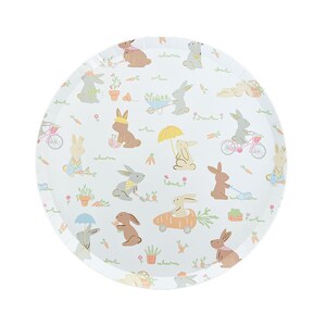 May include: White paper plates featuring a repeating pattern of bunnies engaged in various activities, such as gardening, cycling, and driving a carrot-shaped car. The bunnies are depicted in shades of brown, grey, and pink, against a light blue background with green grass and carrots.