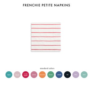May include: White paper napkins with red stripes. The napkins are shown in a variety of colours, including aqua, blush, candy apple, cerise, clementine, clover, cobalt, ink, lilac, and mint.
