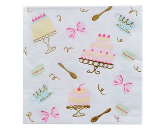 May include: White paper napkins with a gold and pink tea party design. The design features cakes, teacups, spoons, bows, and macarons.
