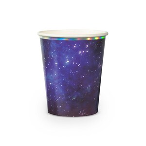 May include: A blue and purple paper cup with a galaxy print and a silver iridescent rim.