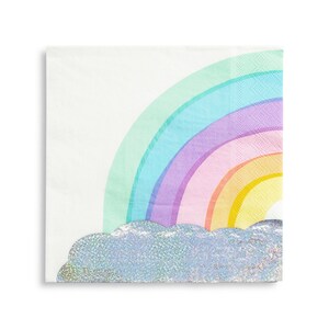 May include: A square white paper napkin featuring a pastel rainbow design. The rainbow arcs across the top, with colors including green, blue, purple, pink, and yellow. A silver glitter cloud is at the bottom.