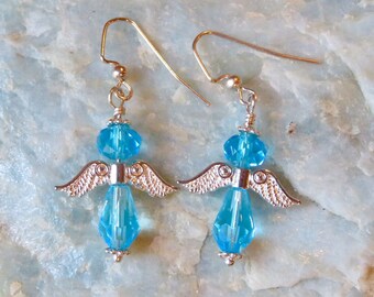 Dainty Angel Earrings with Silver Wings, Tiny Sea Blue Angel Earrings, Celestial Jewelry, Guardian Angel Earrings, Gift for Mom, Girls