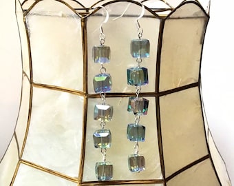 Green Iridescent Crystal Prism Cube Earrings, Iridized Teal Beaded Long Cube Earrings, Bohemian Earrings, Girlfriend Gift for Her, Mom, Wife