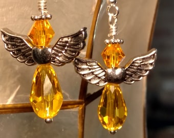 Silver & Amber Yellow Angel Wings Earrings, Guardian Angel Celestial Gift for Her, Best Friend, Women, Girls, Grandma, Mothers Day Gift