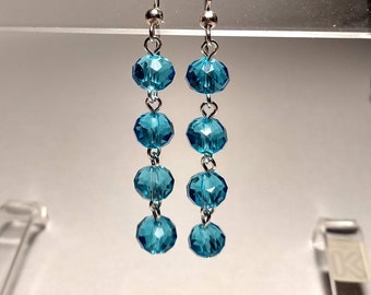 Aquamarine Blue Dangle Bead Earrings, Long Dangle Sky Blue Earrings, Bright Blue Color Earrings for Mom, Wife, Girlfriend