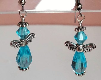 Silver & Blue Angel Wings Beads Earrings, Sea Blue Angel Earrings, Aquamarine March Birthstone, Guardian Angel Earrings, Gift for Her