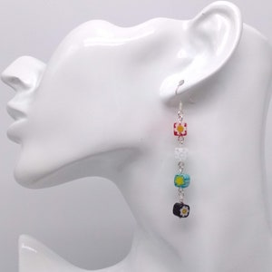 Murano Millefiori Glass Earrings, Rainbow Dangle, Murano Handmade Beads, Millefiori Mosaic Earrings, Colorful Cube Bead Earrings, Mom Gift