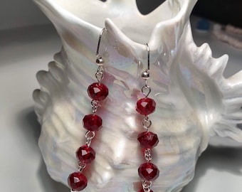 Garnet Red Long Dangle Earrings / Garnet Color Beaded Earrings / Dark Red Long Earrings / January Birthstone / Deep Burgundy Color