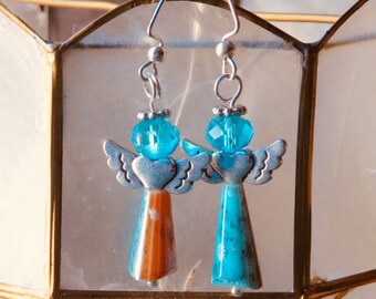 Silver, Turquoise & Peach Color Angel Dangle Hanging Earrings, Sea Blue Glass Ceramic Angel Earrings, Guardian Angel Gift, Mothers Day Gift