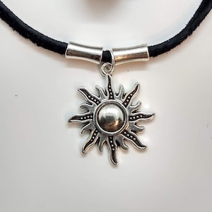 Celestial Jewelry Sun Pendant Choker Necklace, Silver Sunburst Necklace, Black Suede Leather Choker, Sun Moon Jewelry, choose size