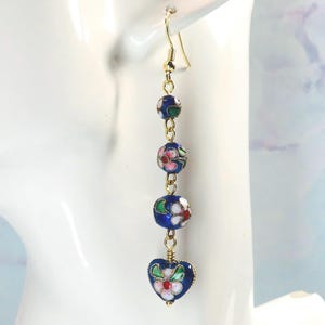 Gold and Royal Blue Cloisonné Beads Long Dangle Earrings with Heart, Gold Rope Inlays, Pink & Green Flowers, Enamel Painted, Great Gift Mom