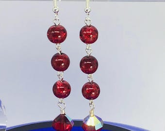 Long Dark Cherry Red Dangle Earrings, Beaded Earrings, January Birthstone, Burgundy Color, Gift for Her, Girlfriend, Best Friend, Wife