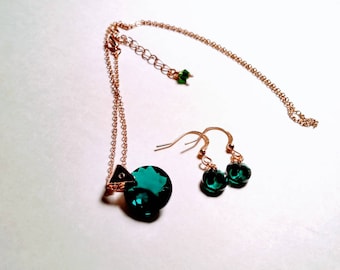 Emerald Green Dainty Jewelry Set, Swarovski Crystal Green & Gold Drop Earrings Necklace, Chic Set, Necklaces for Women, Glam Jewelry Set