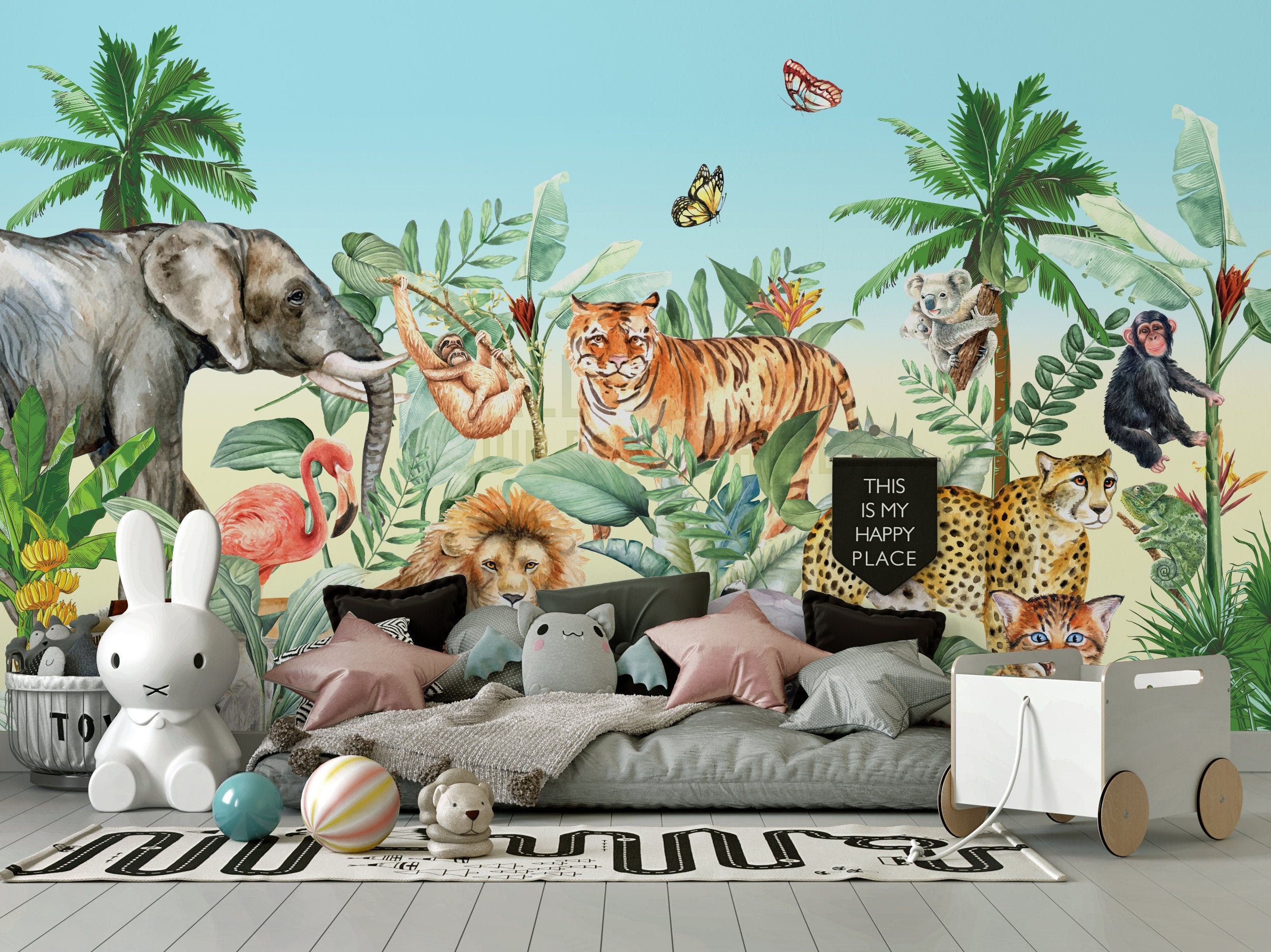 Safari Peel and Stick Wallpaper with jungle animals flamingo | Etsy