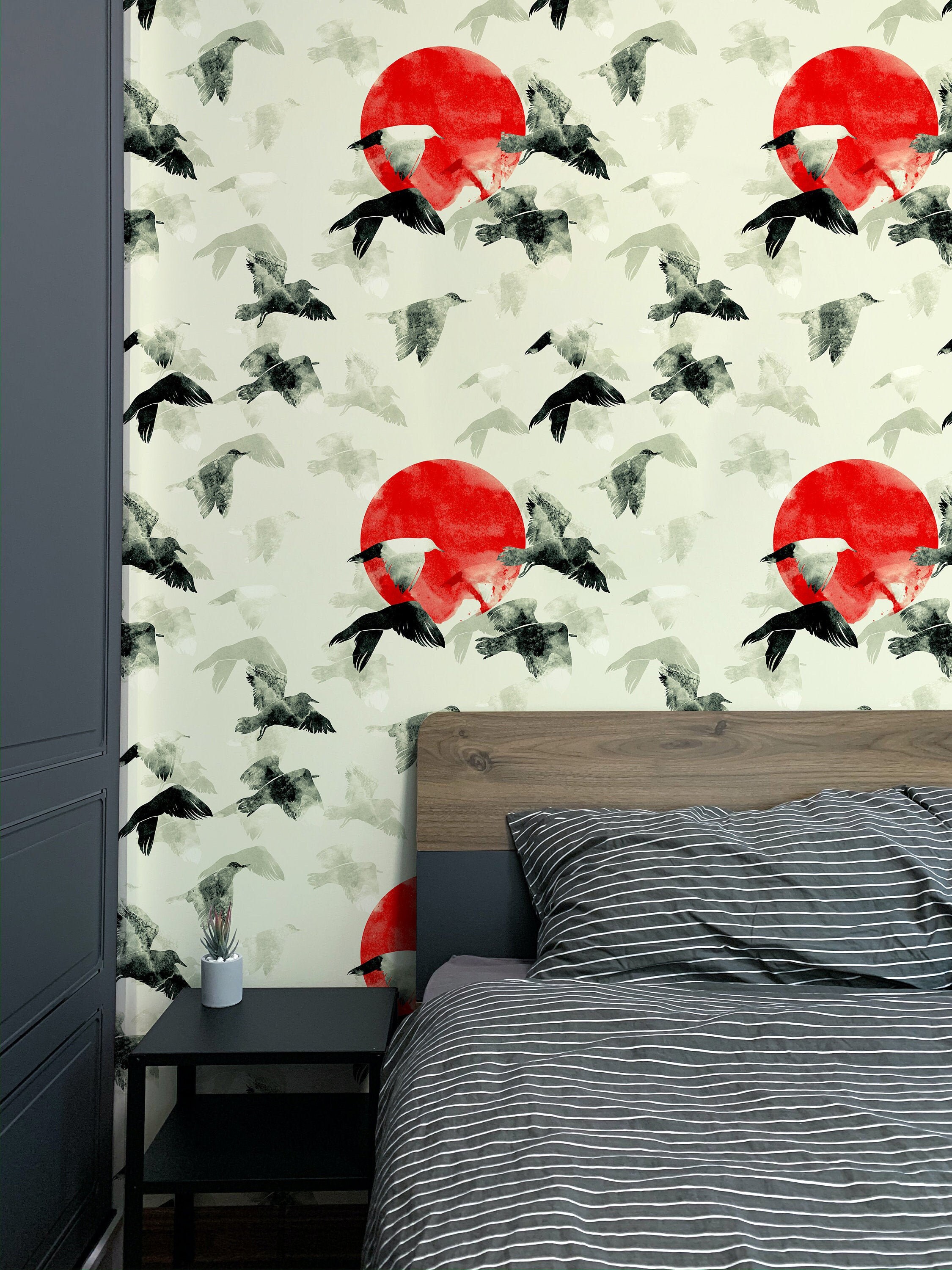 Japanese Removable Wallpaper Bird Wall Art Abstract Etsy