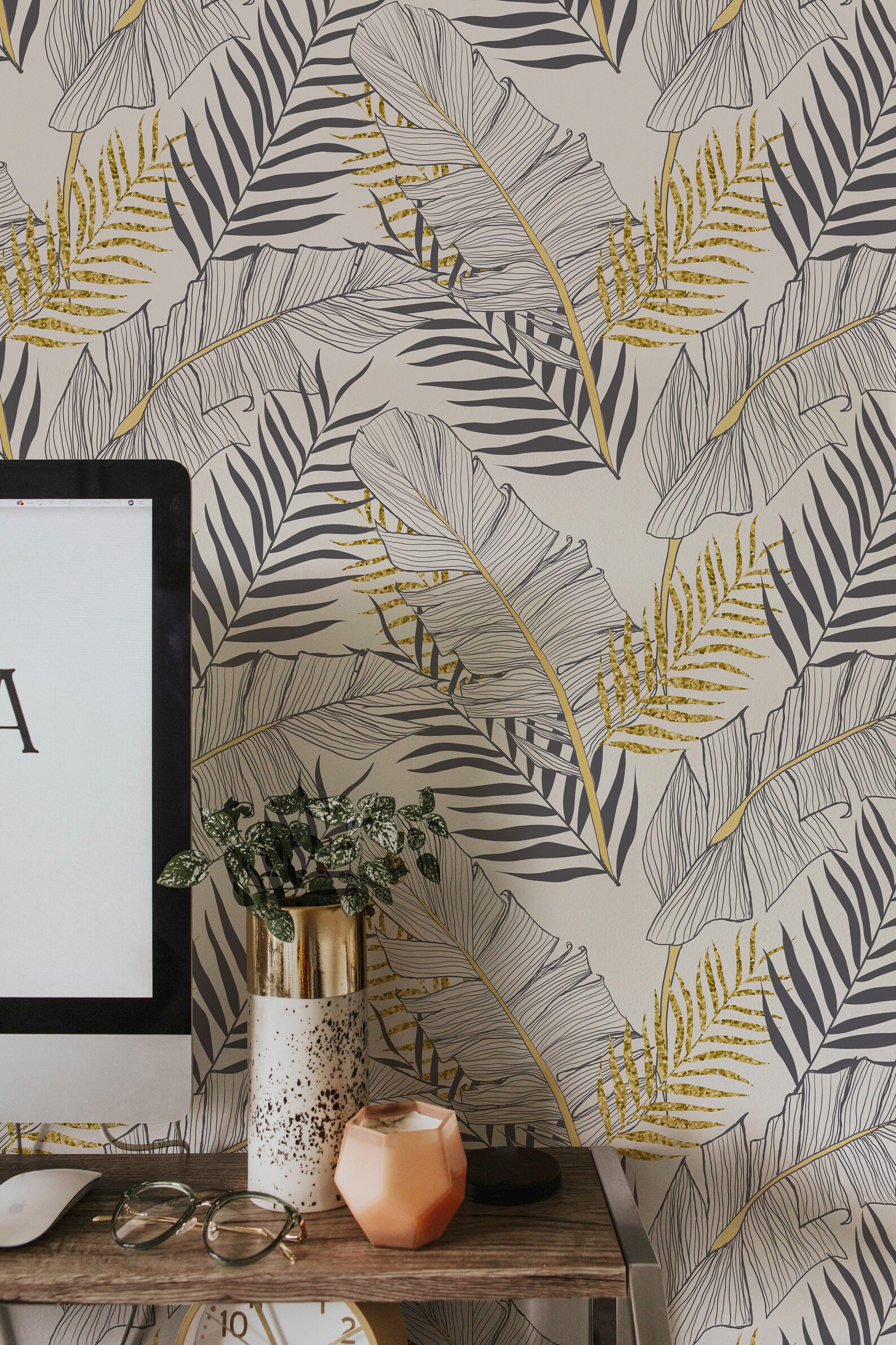 Golden Palm Removable Wallpaper Botanical Golden Decal Peel Etsy