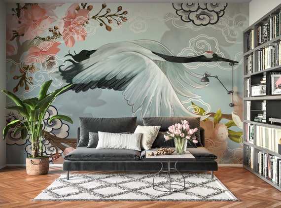 White Japanese Crane Living Bedroom Japanese Mural Wallpaper Removable Self Adhesive And Traditional Wallpaper Eco Friendly Colour