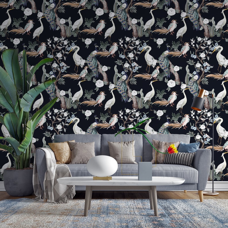 Elegant Birds Removable Wallpaper Flowers Dark Background Etsy UK