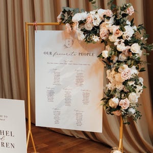 Könnte beinhalten: Ein goldfarbener Metallständer mit einem weißen Schild, auf dem "Unsere Lieblingsmenschen fürs Leben" steht. Das Schild listet Namen und Tischnummern für einen Hochzeitsempfang auf. Eine große Anordnung aus weißen und rosa Blumen befindet sich auf der linken Seite des Ständers.