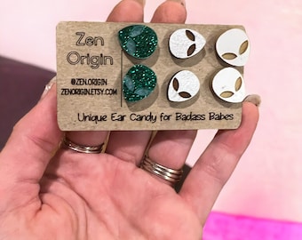 Alien Head Stud Earrings Set - Space, UFO Jewelry, Extraterrestrial Rave Earrings
