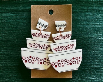 Pendientes colgantes vintage inspirados en Pyrex - Pendientes de cocina funky de los años 50, 60 y 70
