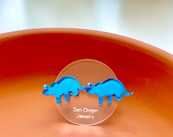 Pendientes de sementales de acrílico espejados de dinosaurio - T Rex, Triceratops y Brontosaurus