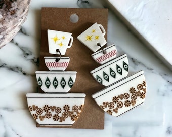 Pendientes colgantes vintage inspirados en Pyrex: pendientes retro de estilo funky de los años 50, 60 y 70