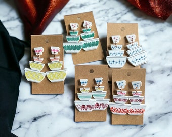 Pendientes colgantes vintage inspirados en Pyrex - Pendientes de cocina funky de los años 50, 60 y 70