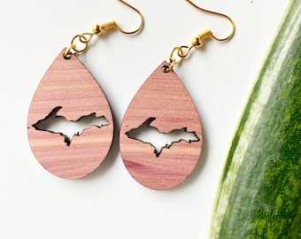 Upper Peninsula of Michigan Yooper Cedar Wood Teardrop Earrings - Boho Earrings Perfect for Michigan Gifts