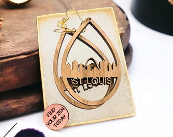 Pendientes de lágrima de madera del horizonte de la ciudad de St. Louis - Pendientes Boho Custom Hometown