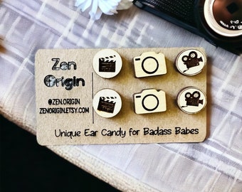 Photography Movie TV Lovers Wood Stud Earrings Trio- Camera, Video Reel, Clapper - Great Gift for Film Lovers!