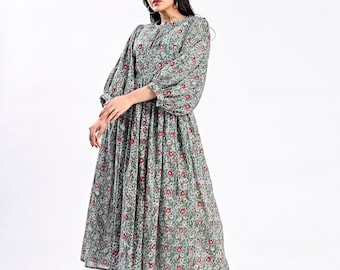 Maxi Dress, midi dress, pure cotton indian handblock bohemian style summer dress loose fit style deep v neck  mommy dress with pockets