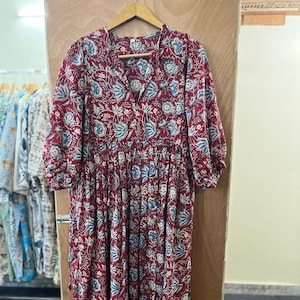 Handblock Printed Cotton Maxi Dress: Boho Floral Deep V-Neck