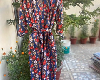 Anokhi Print Robe Floral  ,100% Pure Cotton Indian Handmade Robe,Cotton Robe ,Long Coat,Swim Wear,Night Wear,Dressing Gown Free Size.