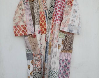 Handmade Cotton Kantha Robe: Patchwork Quilted Kimono