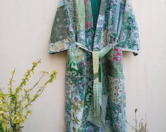 Handmade Patchwork Kantha Robe: Indian Cotton Kimono, Green