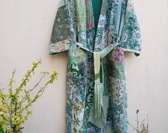 Patchwork Kantha Robe,Pure Cotton Indian Handmade Robe,Cotton Kimono,Long Coat,Swim Wear,Night Wear,Dressing Gown Free Size Green Family.