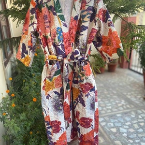 White Floral Anthro  Kantha Robe,100% Pure Cotton Indian Handmade Robe,Cotton Kimono,Long Coat,Swim Wear,Night Wear,Dressing Gown Free Size.