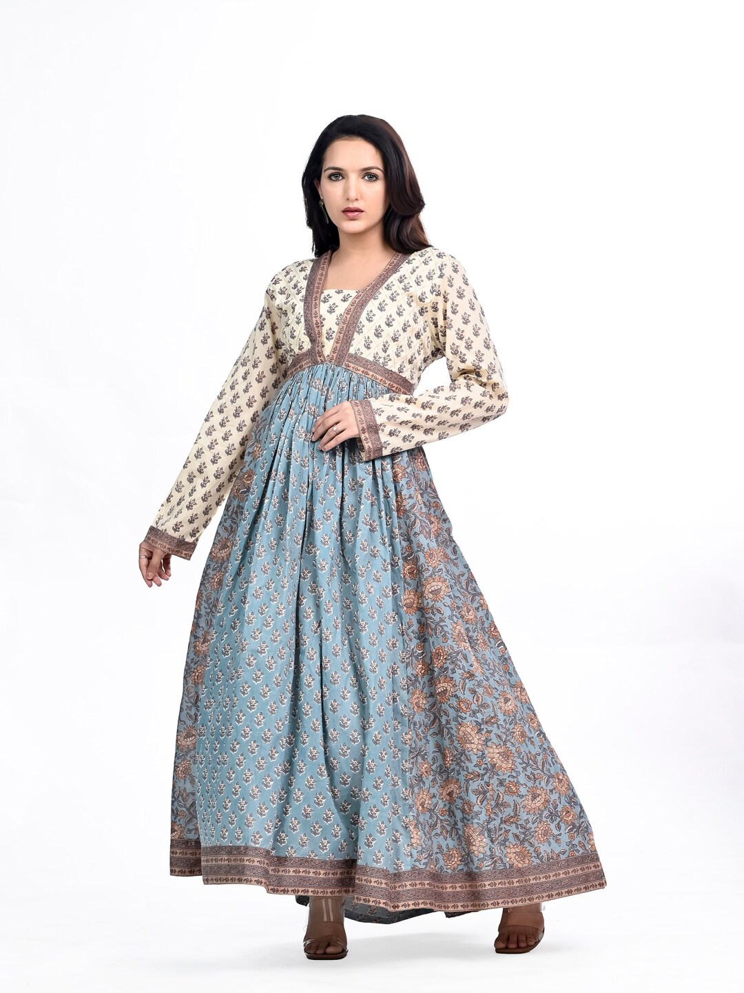 Blue White Block Print Cotton Tiered Maxi Dress – Boho Indian Summer Dress with Long Sleeves