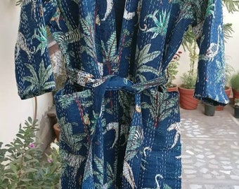 Bath Robe,100% Cotton Indian Forest Print Handmade Kantha Stitch Robe,Cotton Kimono,Quilted Robe,Swim Wear,Night Wear Free Size,Unisex, Blue