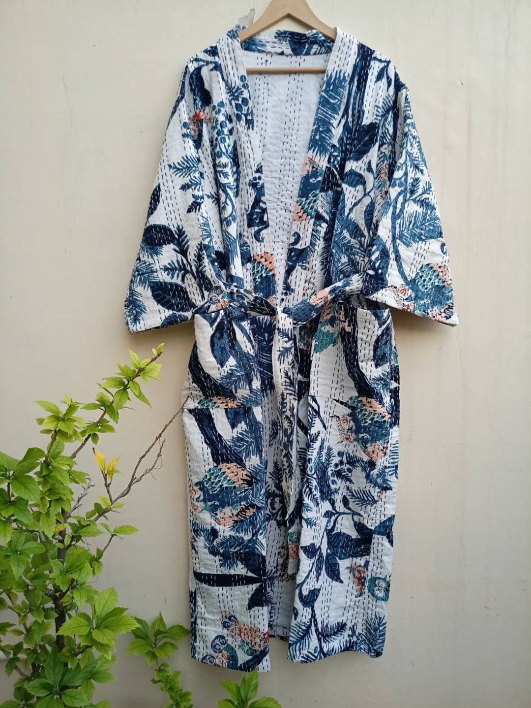 Cotton Bath Robe,100% Cotton Indian Monkey Print Handmade Kantha Stitch ...
