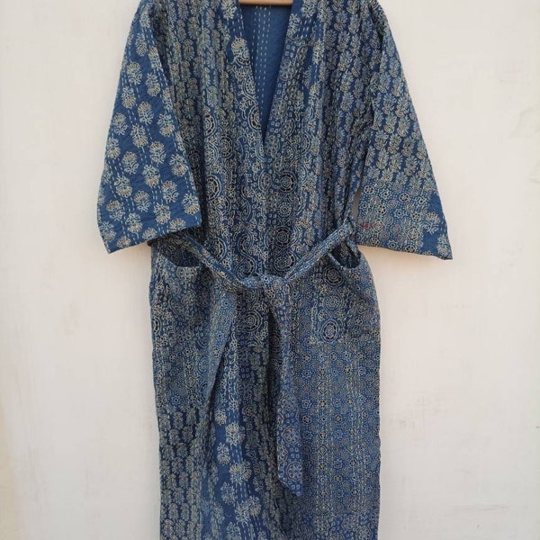 Ajrag Cotton Robe, Pure Cotton Bath Robe, Indian Handmade patchwork Kantha Stitch Kimono, Night Gown, Swim Wear, Long Coat, Indigo Ajrag print.