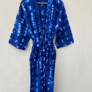 Hand Block Indigo Tie Dye Cotton Robe: Unisex Kimono Bathrobe