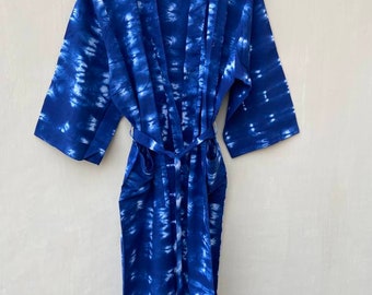 Hand Block Indigo Tie Dye Cotton Robe: Unisex Kimono Bathrobe