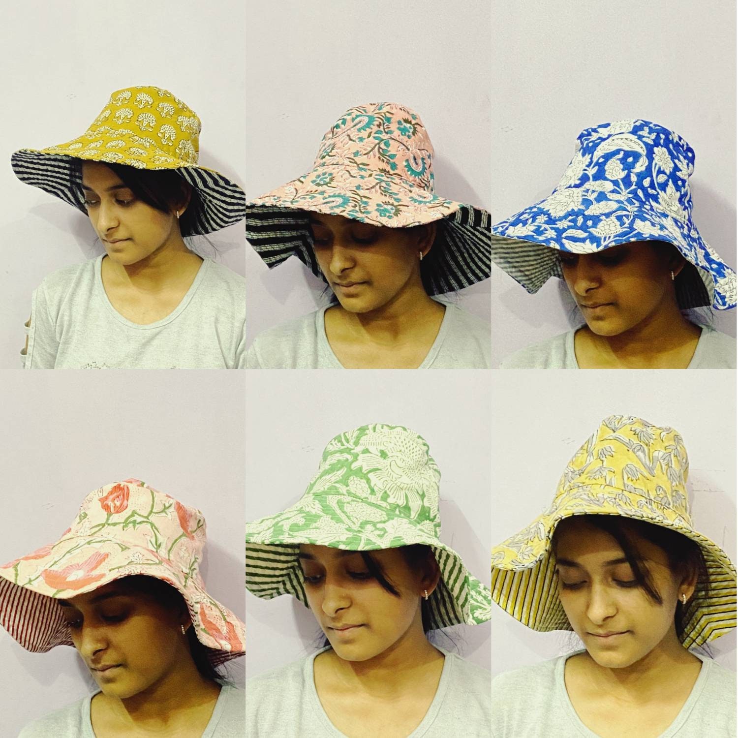 Kantha Sun Hat Blue Peach S/M Reversible Bucket Hat Handmade Cotton Boho KS3. Reversible bucket hat | Manatee County Audubon Society main image 3